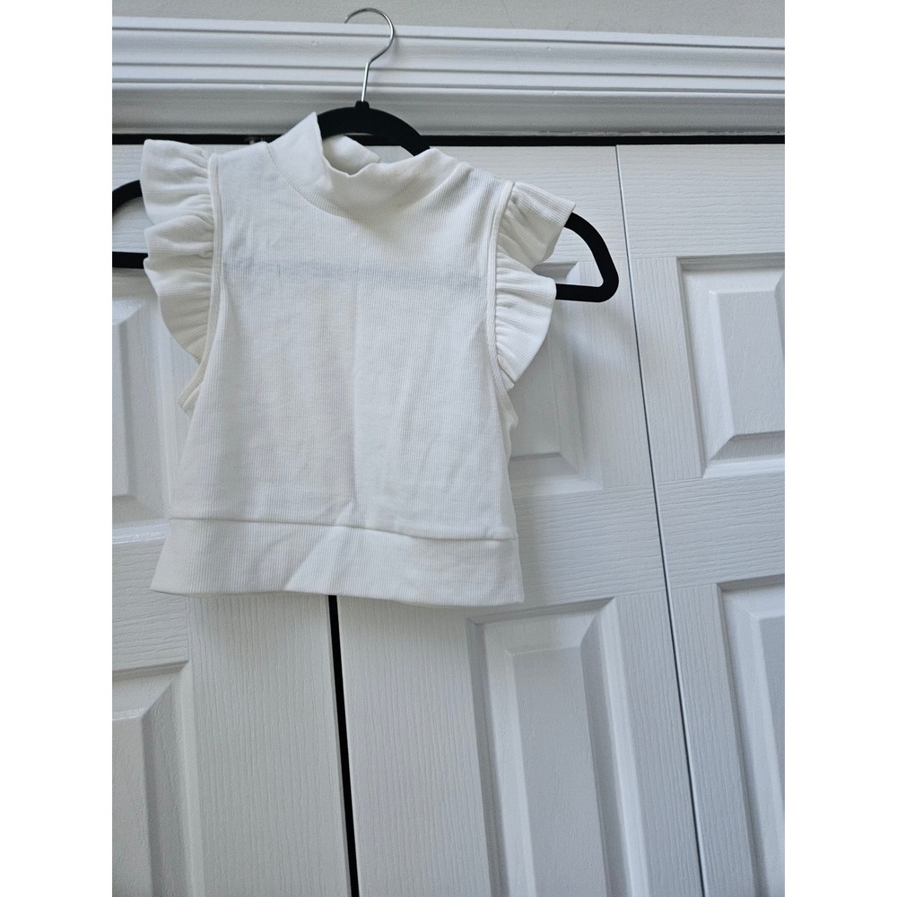 White Ribbed Mock Neck Ruffle Shoulder Sleeveless Crop Top Small